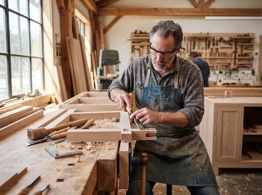 Master woodworker hand-crafting architectural cabinetry